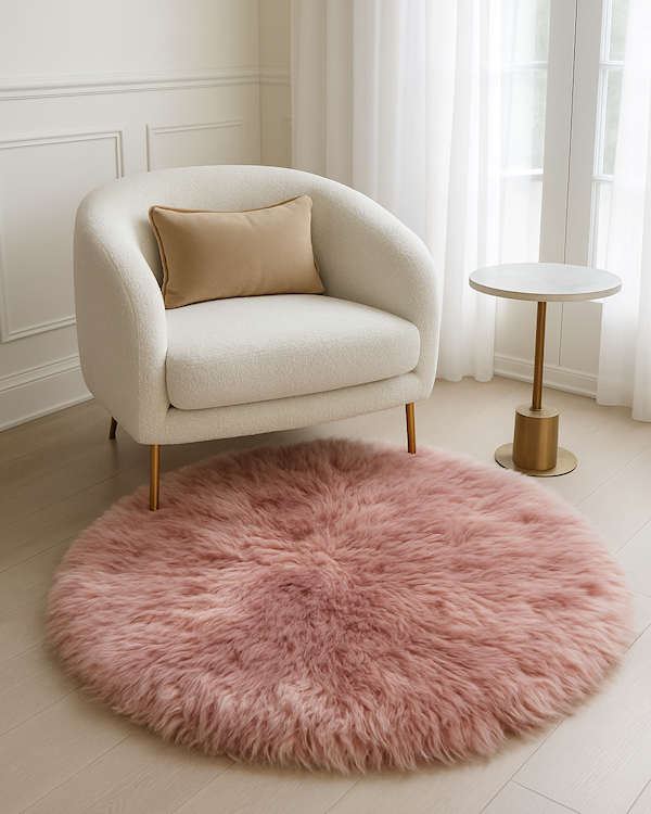 pink round sheepskin rug in a corner with armchair.